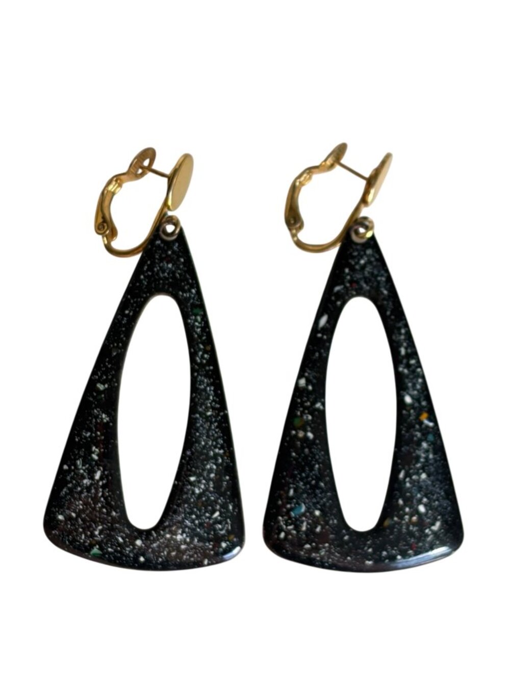 Vintage Roget Black Speckled Enamel Dangle Earrings Mod Triangles MCM Retro